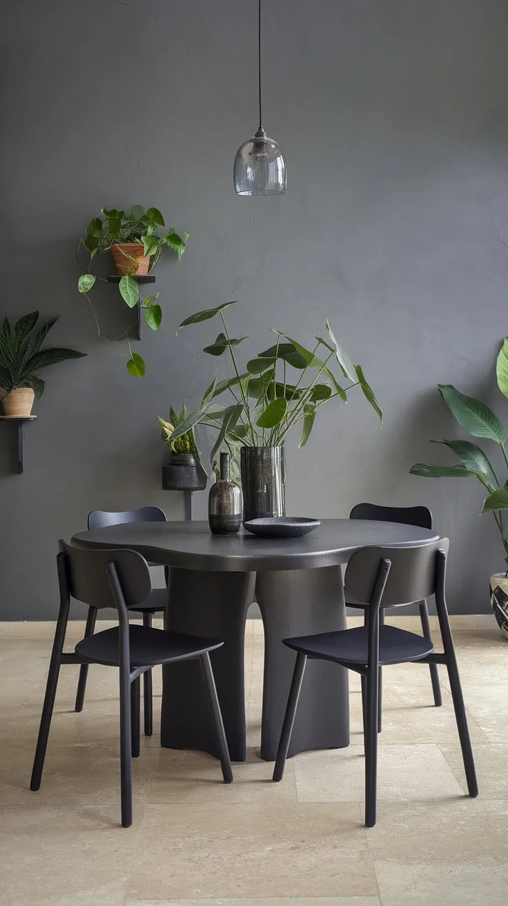 This chic gray dining room boasts a modern dining table design, its unique organic shape a focal point against the dark gray finish. Black dining chairs and potted plants add to the sophisticated ambiance, showcasing stylish dining room ideas and modern home decor. The beige tile floor complements the dark dining table perfectly, offering inspiration for dining table decor ideas and overall dining room design.