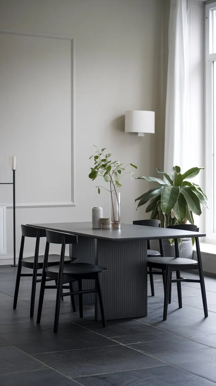 Sophisticated simplicity defines this gray dining room. Modern dining table design meets chic dining room table decor in this minimalist space, offering endless dining room ideas.