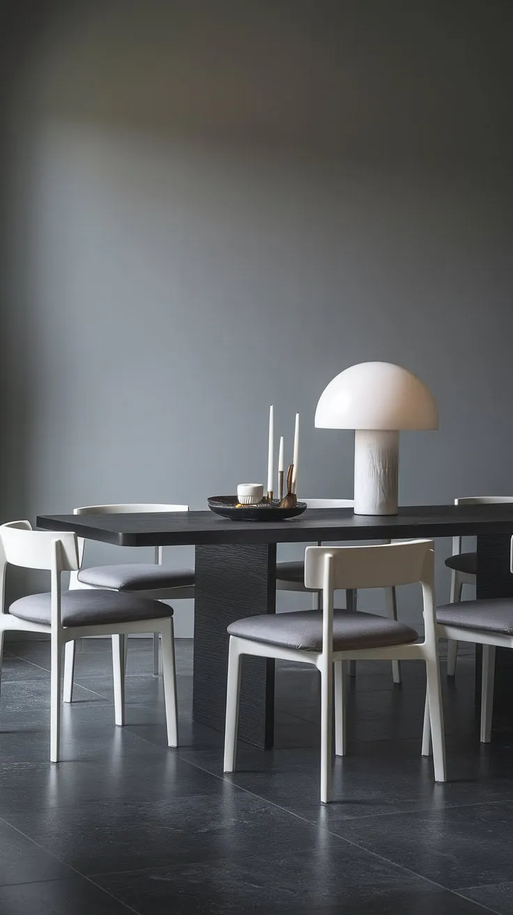 This gray dining room is a masterclass in modern home decor. The long, dark dining table anchors the space, its sleek black finish a perfect complement to the gray walls. Dining room ideas abound in this chic dining room table setting, with white chairs and gray cushions offering a touch of understated luxury. The simple yet effective dining table decor ideas, including a single white lamp, complete the look. This modern dining table is the heart of this sophisticated dining room design.