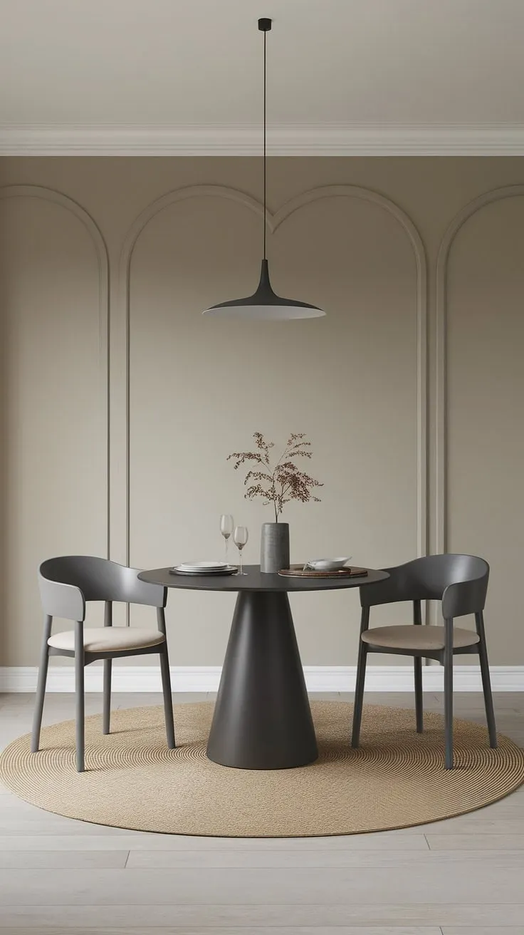 A dark dining table anchors this gray dining room, offering a striking contrast against the soft beige walls. Explore more dining room ideas and dining table decor ideas for your own modern dining room transformation.