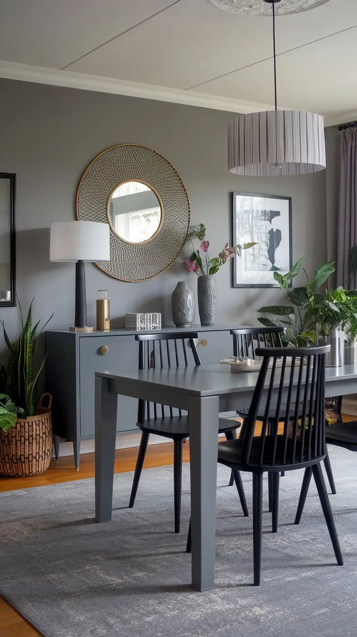 This chic dining room boasts a sophisticated gray palette, featuring a modern dining table in a dark, almost black finish. The gray walls and rug create a calming backdrop, while the black dining chairs and decorative mirror add a touch of elegance. This dining room design offers plenty of dining table decor ideas, showcasing modern home decor at its finest. The overall effect is a stylish and inviting space, perfect for both intimate dinners and larger gatherings.