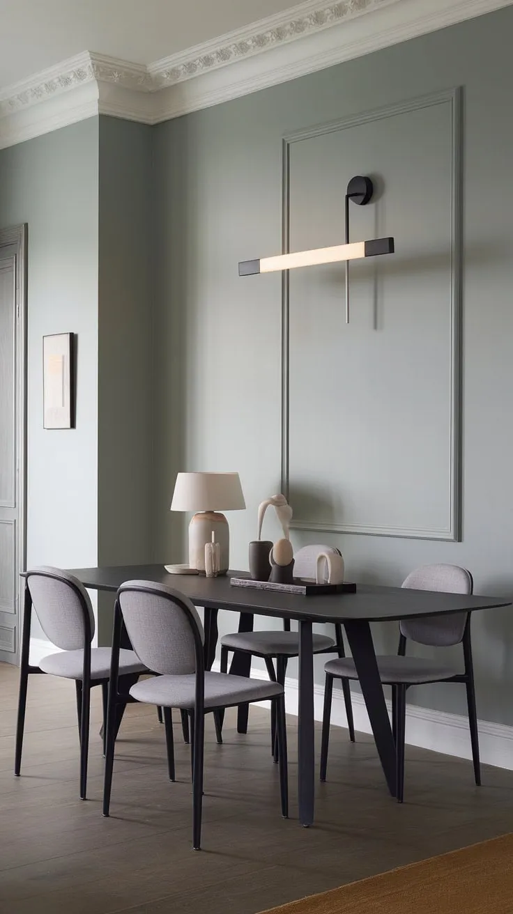 A stunning example of gray dining room design, this space features a striking black dining table as its centerpiece. The modern dining table is both stylish and functional, while the gray chairs and warm wood floors create a welcoming atmosphere. For those seeking dining room ideas, this chic dining room table setup, with its thoughtful dining table decor ideas, offers a masterclass in modern home decor.