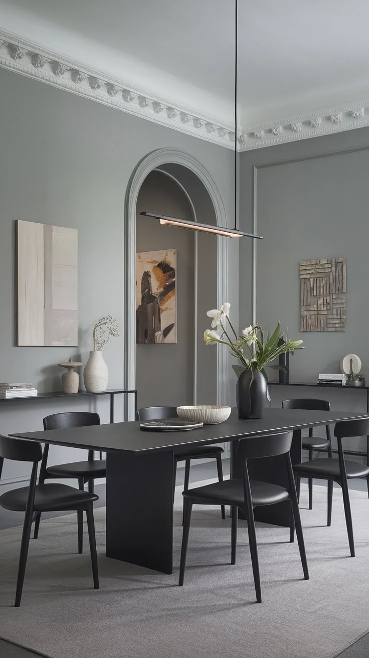 Sophisticated and serene, this gray dining room showcases a stunning black dining table, the perfect centerpiece for modern dining table design. The dark dining table's sleek lines are complemented by the light gray rug and chic dining room table decor, offering inspiring dining room ideas for a minimalist yet elegant space. This modern home decor exemplifies chic dining room table styling.