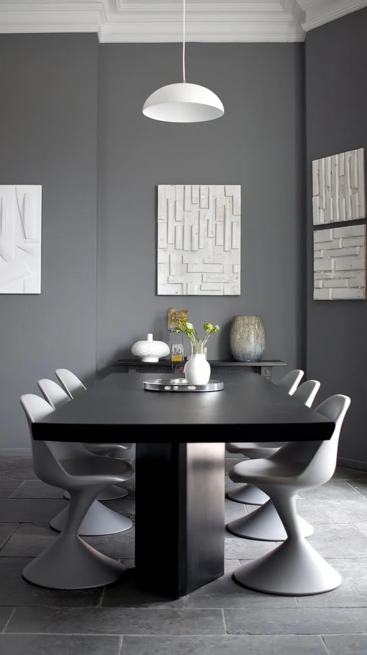 A dark dining table anchors this gray dining room, its sleek black surface contrasting beautifully with the white chairs. Dining table decor ideas abound in this space, showcasing a stunning example of modern dining table style and dining room design.