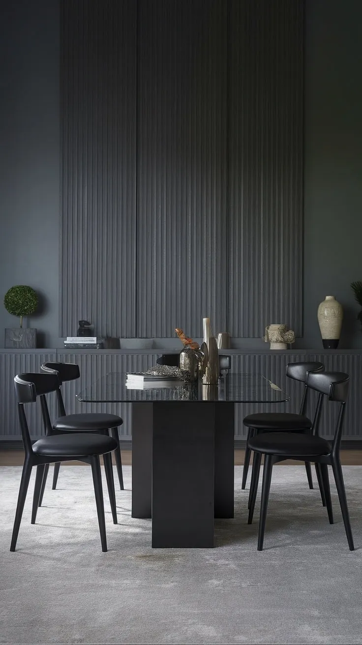 Sophisticated gray dining room design featuring a chic black dining table, perfect for modern home decor and inspiring dining room ideas. This dark dining table, a statement piece, elevates the space with its sleek glass top and complements the overall dining room design.