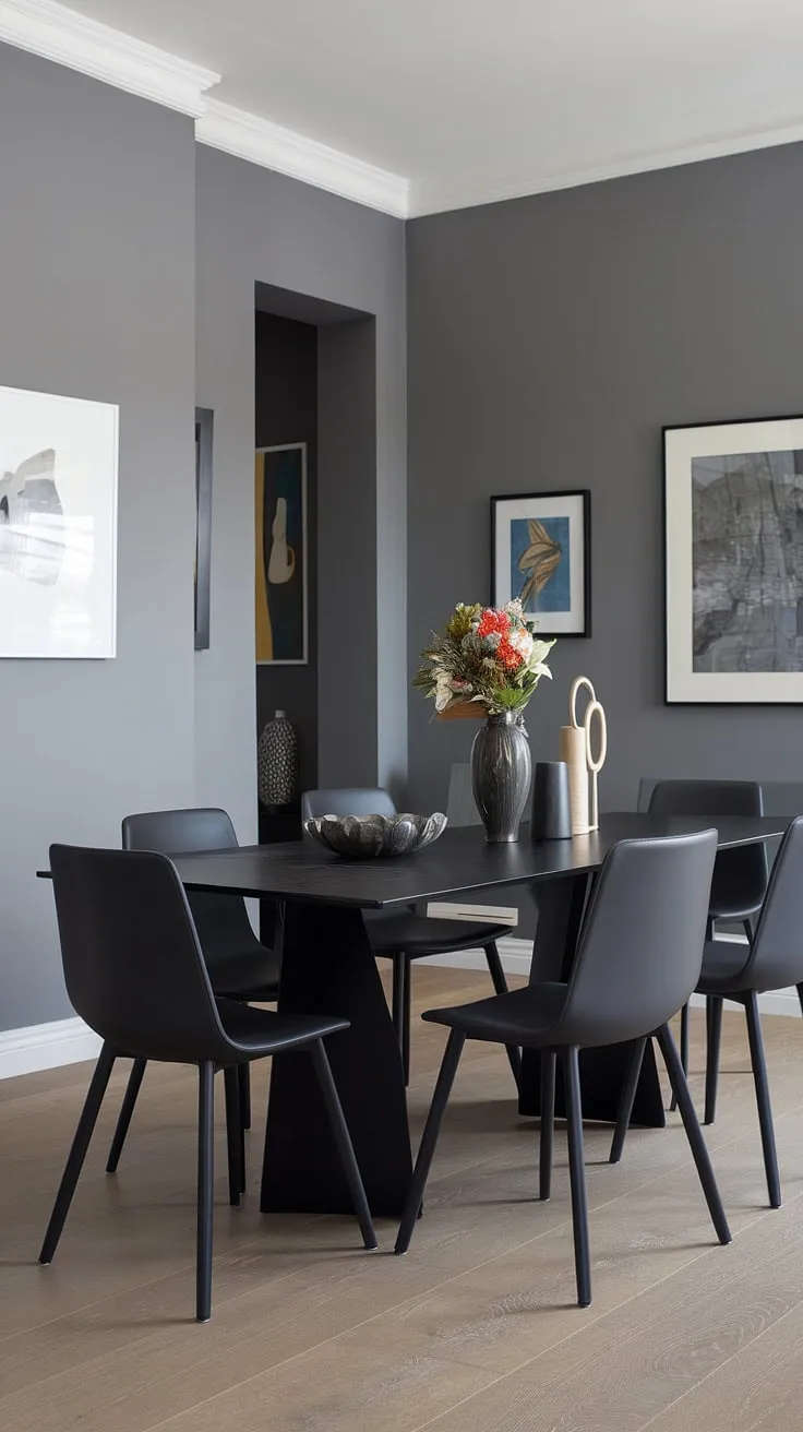 Sophisticated serenity in this gray dining room. The black dining table, a modern dining table centerpiece, is styled with simple elegance, offering endless dining room ideas.