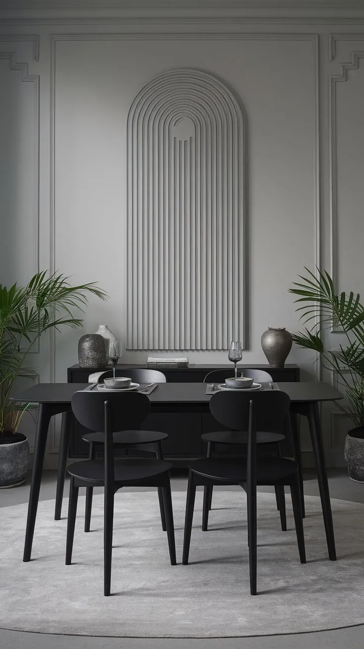 This gray dining room is a masterclass in modern home decor. A sleek black dining table, a modern dining table choice, anchors the space, its dark dining table presence balanced by the light gray rug and wall decor. The overall design offers plenty of dining room ideas and demonstrates how a chic dining room table can elevate your dining room design.
