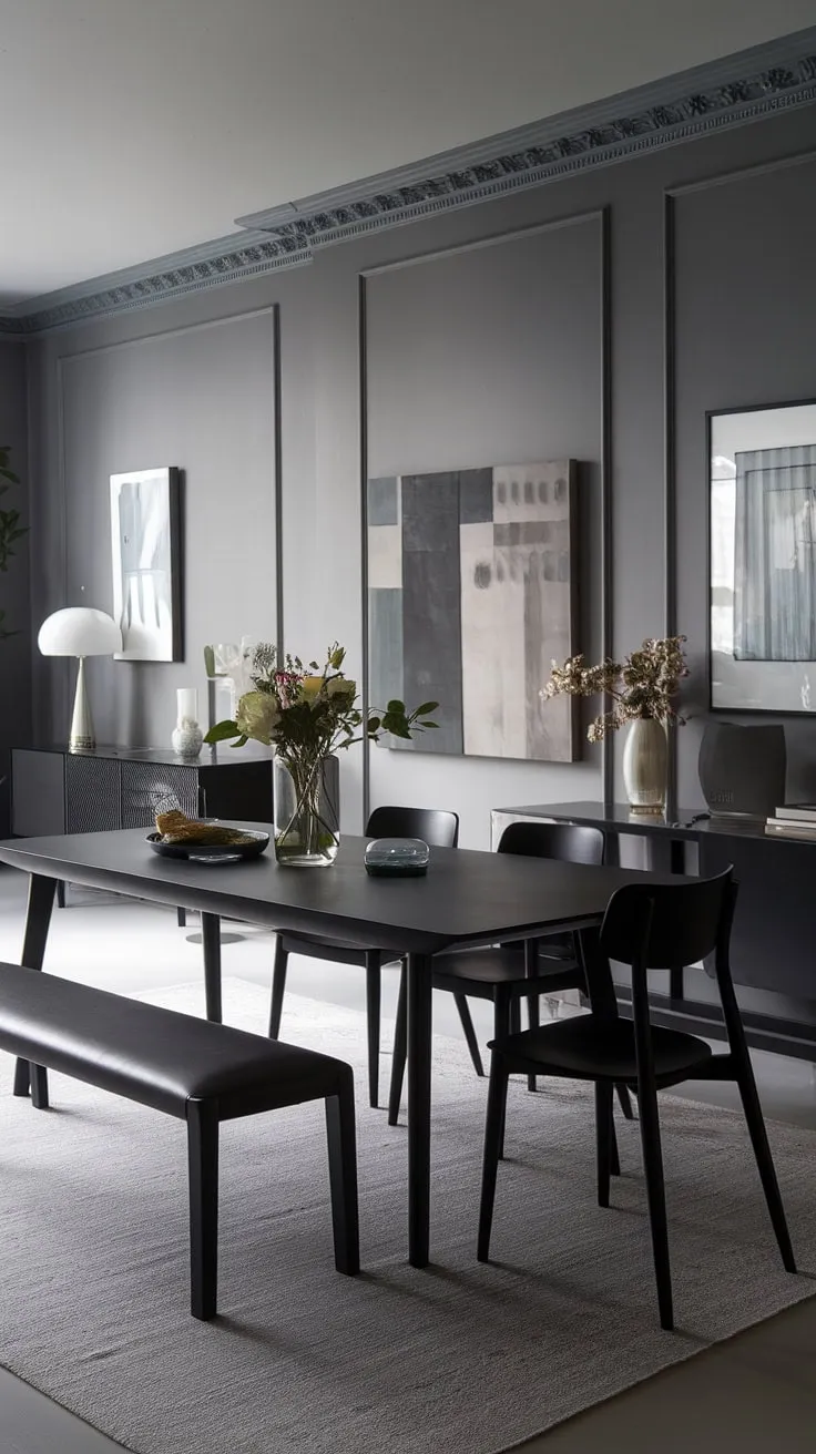 Gray dining room goals achieved! This modern dining table, paired with a bench and chairs, defines chic dining room table style. Explore dining room design and dining table decor ideas with this minimalist yet impactful space.