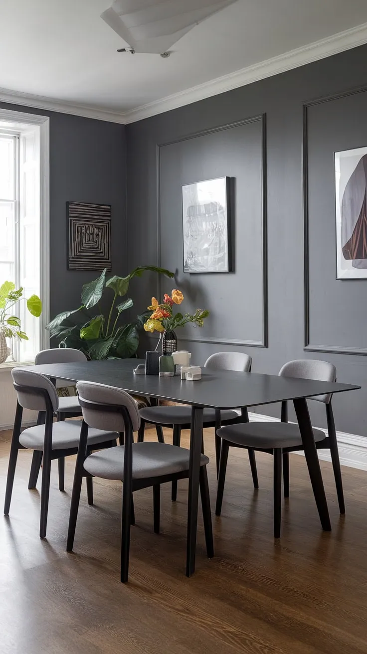 This gray dining room is a study in understated elegance. A black dining table, a modern dining table with clean lines, takes center stage, surrounded by six comfortable gray chairs. The simple yet effective dining room design incorporates subtle artwork and a touch of greenery, creating a chic dining room table setting. For those seeking modern home decor inspiration, this space offers plenty of dining room ideas and dining table decor ideas, proving that a dark dining table can be both dramatic and inviting.