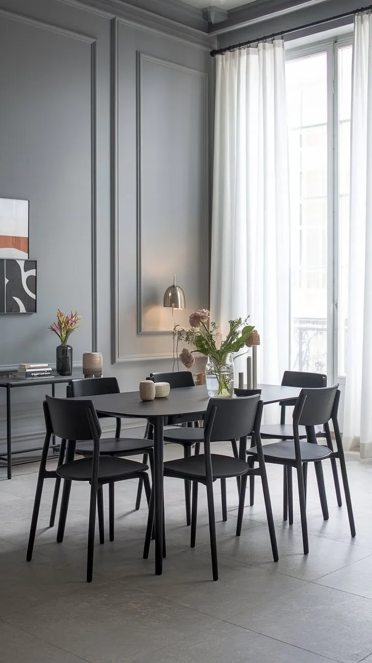Sophisticated simplicity defines this gray dining room. The black dining table, a modern centerpiece, anchors the space, showcasing chic dining room table style and effortless dining room design. Dining room ideas abound in this modern home decor haven.
