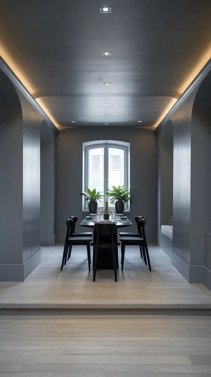 A sophisticated gray dining room design featuring a modern dining table in black. This dark dining table anchors the space, its chic dining room table aesthetic enhanced by the light gray tiled floor and matching gray walls. The minimalist approach offers endless dining room ideas, making it a perfect example of modern home decor. Simple yet elegant, this room provides inspiration for anyone seeking stylish dining room design and dining table decor ideas.