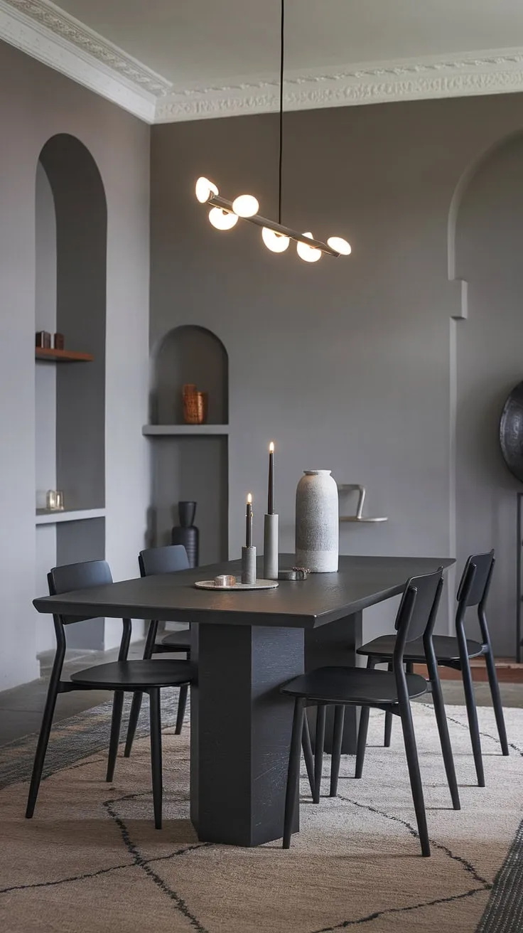 Sophisticated and sleek, this gray dining room showcases a modern dining table design. The dark dining table, paired with black chairs, creates a dramatic yet inviting atmosphere. Dining room ideas abound in this space, from the chic dining room table setting to the carefully chosen modern home decor. The gray accent wall adds depth, while the stylish light fixture completes the look. This dining table decor ideas showcase a perfect blend of modern and chic.