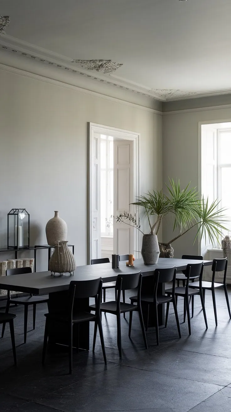 Sophisticated serenity in this gray dining room. The dark dining table, a modern dining table centerpiece, anchors the space, showcasing chic dining room table style and effortless dining room design. Dining table decor ideas are subtly incorporated for a modern home decor feel.