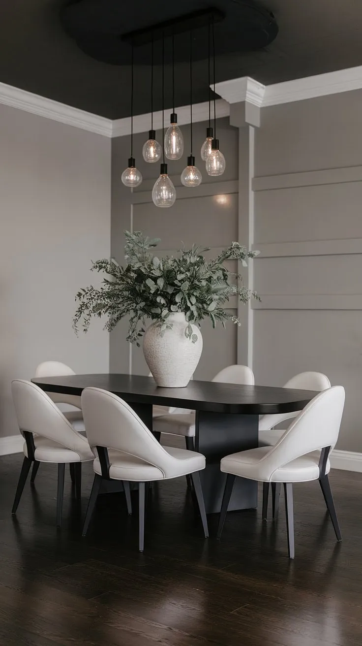 Modern dining room ideas shine in this gray dining room. A black dining table, with its modern design and curved edge, anchors the space. The contrast of the dark dining table against the white chairs creates a visually striking effect. Simple yet stylish dining table decor ideas, like the greenery in the white vase, add a touch of freshness. This chic dining room table setup is the perfect example of modern home decor, showcasing a sophisticated dining room design.