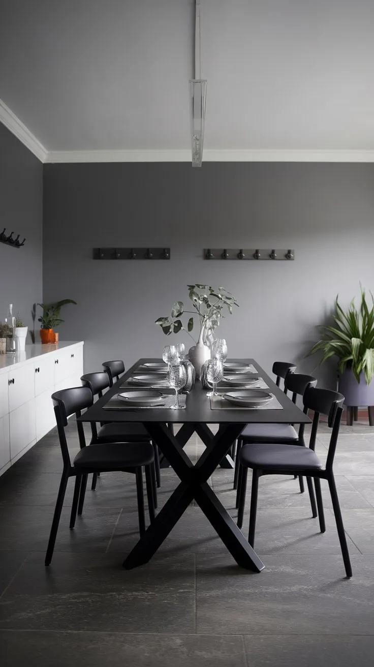 Sophisticated simplicity defines this gray dining room, anchored by a chic black dining table. Modern dining table design meets elegant dining room ideas.