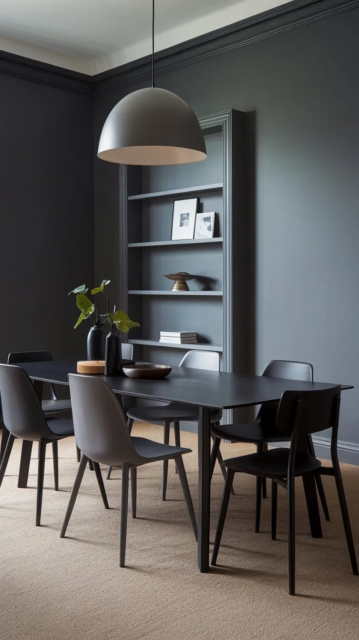 This dark dining table is the centerpiece of this stunning gray dining room. The modern dining table's black finish contrasts beautifully against the dark gray walls and beige carpet, creating a sophisticated dining room design. Four gray chairs and two black chairs add visual interest, while the simple yet elegant decor provides ample dining room ideas. A perfect example of chic dining room table styling within a modern home decor scheme.
