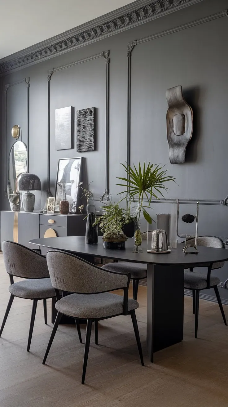 This chic gray dining room boasts a modern dining table design, featuring a dark dining table as its centerpiece. The black dining table is perfectly complemented by the gray textured chairs and the subtle patterned gray walls, creating a sophisticated and inviting atmosphere. Dining table decor ideas are effortlessly executed with a simple plant, lamp, and vase. The light wood floors and gray cabinet add to the overall modern home decor aesthetic, offering plenty of dining room ideas for a stylish and functional space.