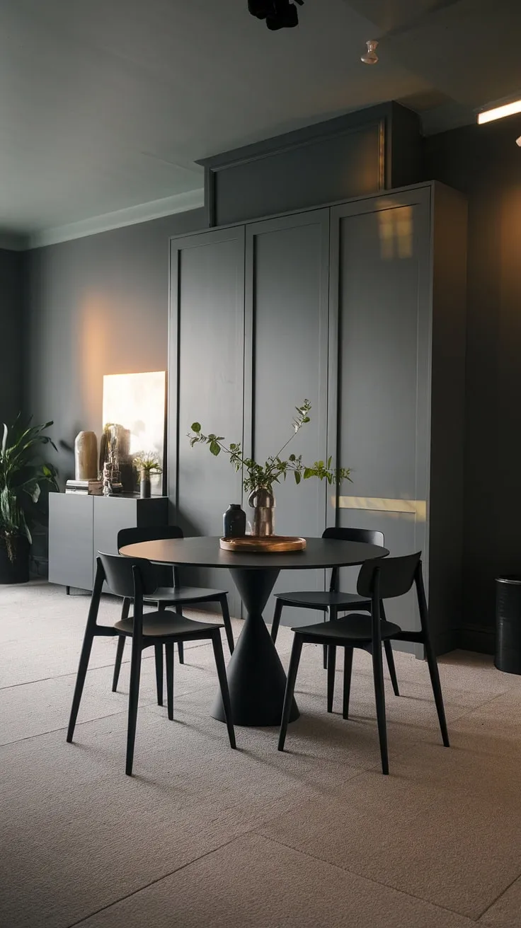 A modern home decor dream: This gray dining room, featuring a dark dining table and modern dining table, offers inspiring dining room ideas for those seeking a stylish and functional space.