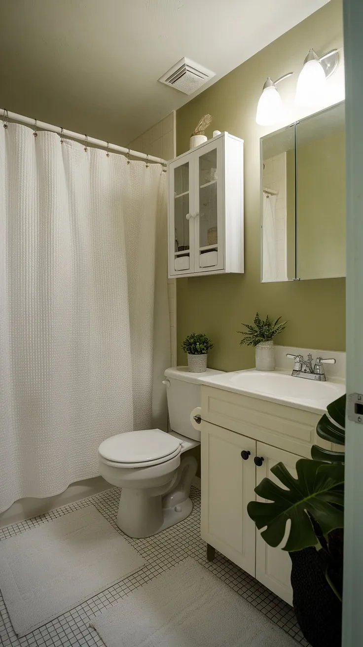 Small space, big style. This light olive bathroom proves that muted bathroom colors can create a serene and sophisticated oasis. Olive and white bathroom perfection.