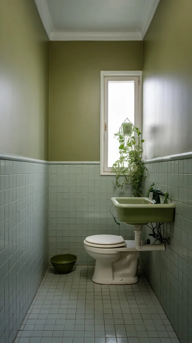 This small green bathroom, painted in a light olive shade, showcases the beauty of muted bathroom colors. The olive and white bathroom combination creates a serene atmosphere, enhanced by the white tiles, green faucet, and a touch of greenery near the window. Perfect examples of small green bathroom ideas and olive and cream bathroom design, this space demonstrates how simple green bathroom decor can transform a small space.