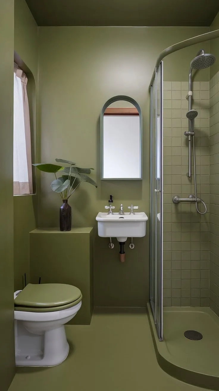 This olive and white bathroom is a study in understated elegance. The light olive bathroom walls and white floor create a spacious feel in this small green bathroom, while the carefully chosen green bathroom decor, including a small plant, adds a touch of life. The muted bathroom colors contribute to a sense of calm, making it a perfect retreat. Explore these small green bathroom ideas for your own tranquil oasis, blending olive and cream bathroom elements for a sophisticated and serene space.