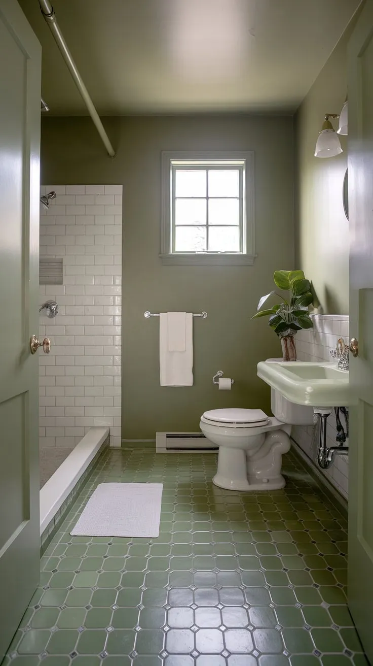 Serenity found in this light olive bathroom. Muted bathroom colors and green tile create a spa-like retreat. Small green bathroom ideas perfectly executed in this olive and cream bathroom.