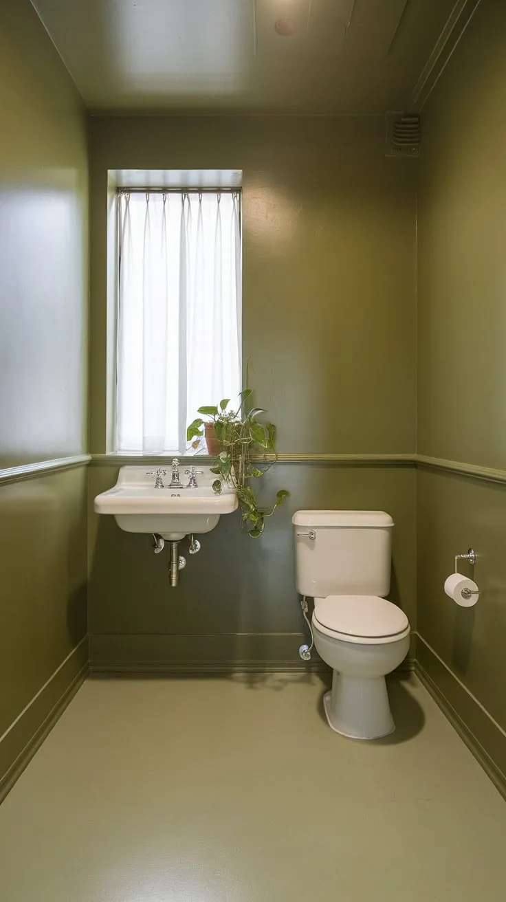 Serenity found in this light olive bathroom. Muted bathroom colors create a calming oasis, showcasing small green bathroom ideas with olive and white bathroom elegance. Green bathroom decor at its finest.