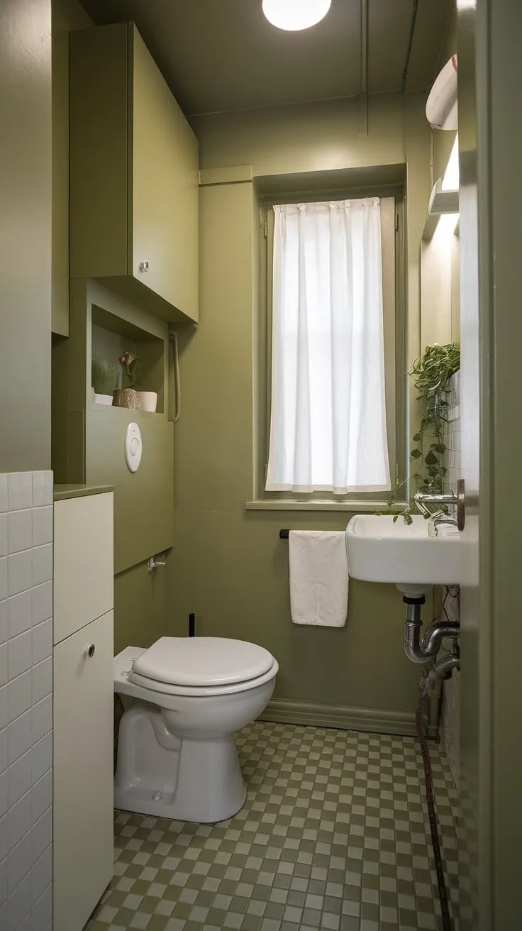 Bathed in sunlight, this small green bathroom showcases the charm of muted bathroom colors. The light olive bathroom walls are complemented by olive and white bathroom fixtures, a green and white checkered floor, and a touch of greenery. This olive and cream bathroom is a perfect example of small green bathroom ideas, demonstrating how green bathroom decor can create a serene and stylish space.