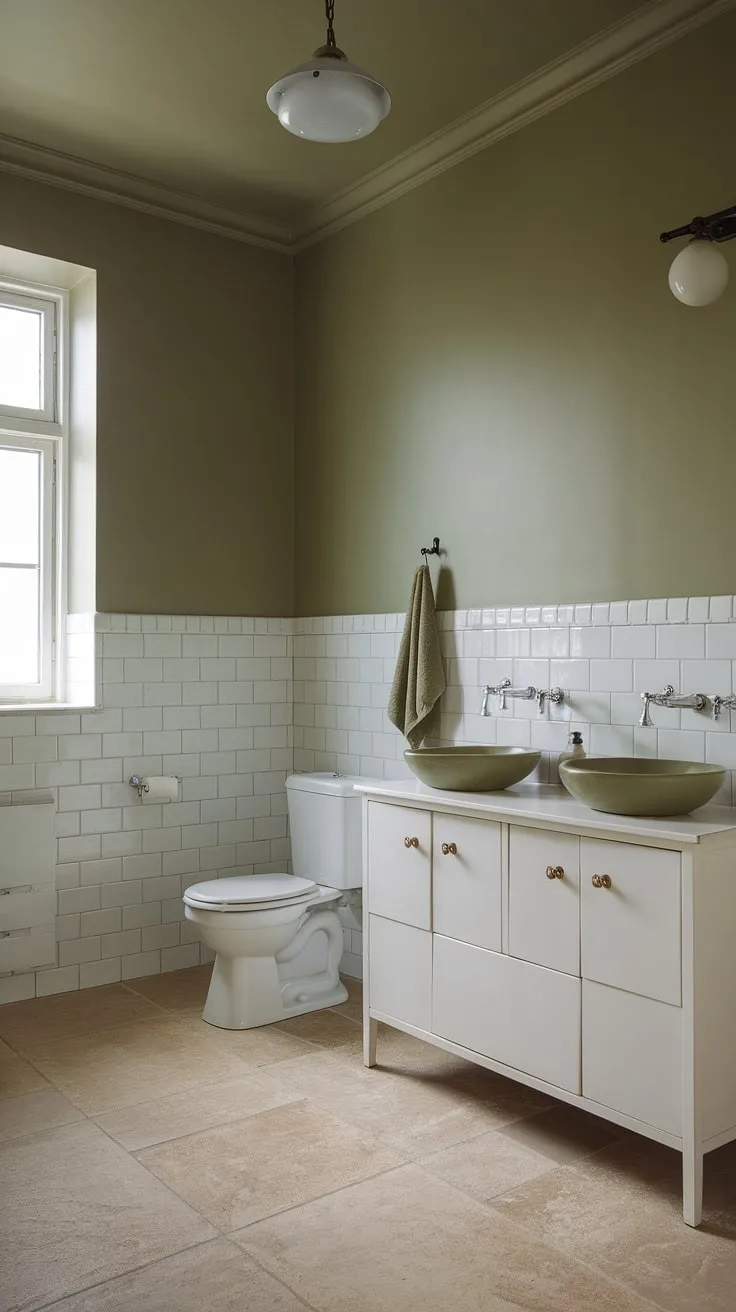 A serene olive and white bathroom, bathed in soft light. This light green bathroom utilizes muted bathroom colors to create a tranquil atmosphere. The green accent wall and green towel add subtle pops of color, making it a perfect example of small green bathroom ideas. The overall design is a beautiful blend of olive and cream bathroom elements.