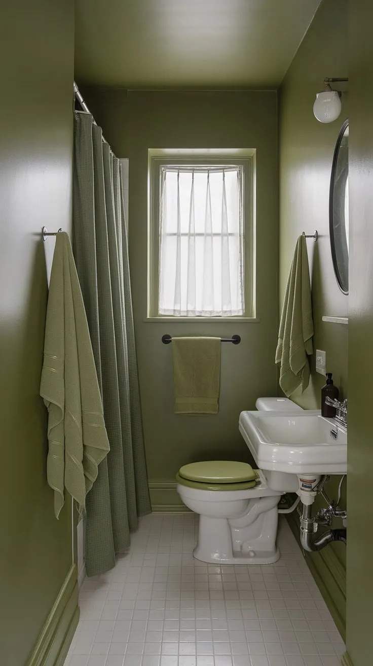 Serene and sophisticated, this small green bathroom boasts a light olive color scheme that creates a calming atmosphere. The muted bathroom colors, a blend of olive and white, are perfectly complemented by the white fixtures and green accents. This olive and cream bathroom showcases clever small green bathroom ideas, with green towels and a shower curtain adding pops of color against the light green bathroom walls. The overall design is a masterclass in green bathroom decor.