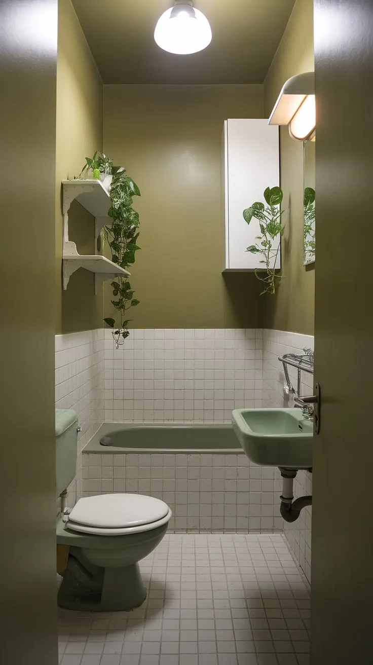 This small green bathroom, painted in a light olive hue, showcases the beauty of muted bathroom colors. The olive and white bathroom design, featuring a white bathtub, sink, and toilet, is complemented by a green plant and a white cabinet, offering charming small green bathroom ideas. The olive and cream bathroom palette creates a serene atmosphere.