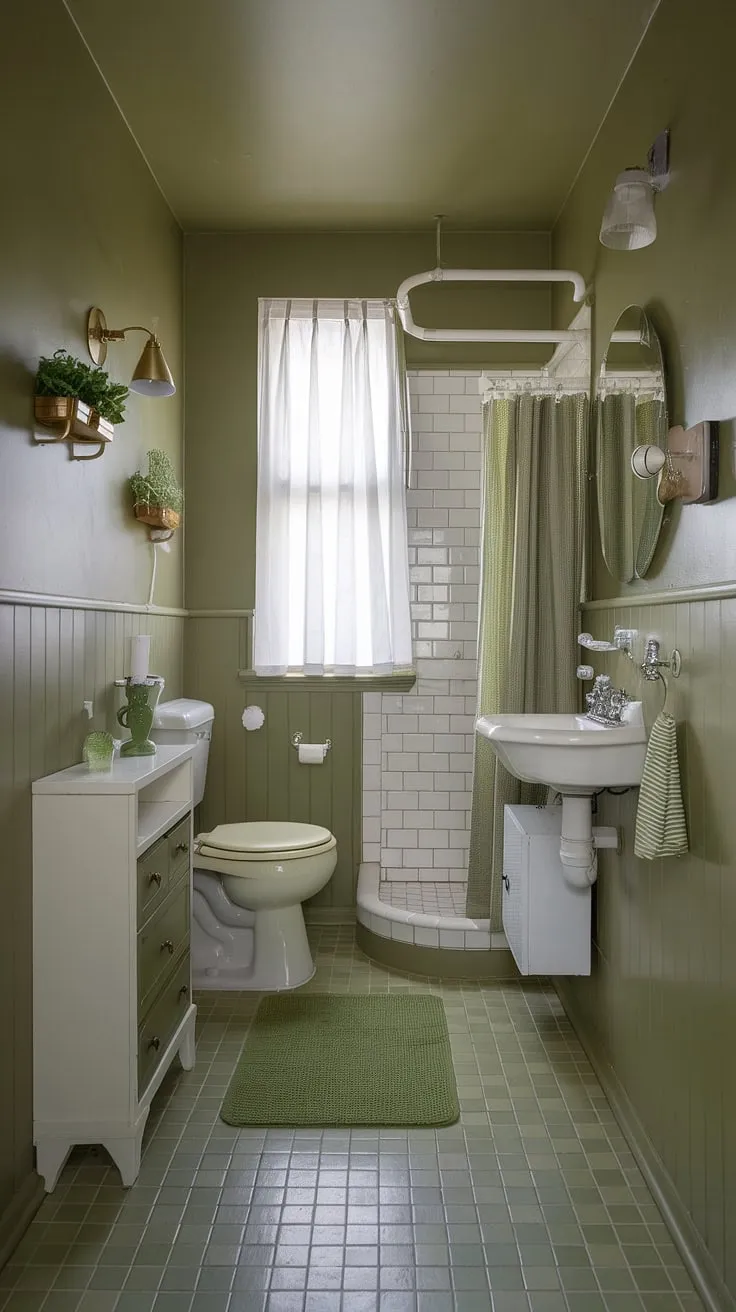 Small green bathroom ideas abound in this light green bathroom! The olive and white bathroom scheme, accented with muted bathroom colors, offers a refreshing and surprisingly spacious feel. Green bathroom decor elevates this light olive bathroom to a tranquil escape.
