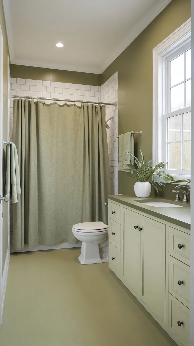 Serene and stylish: This light olive bathroom, with its small green accent wall and muted bathroom colors, proves that a green bathroom can be both calming and chic. Olive and white bathroom perfection.