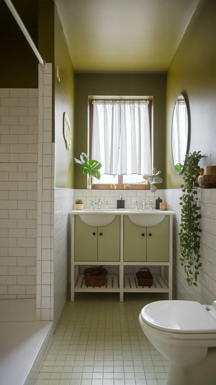 This light green bathroom is a testament to the beauty of muted bathroom colors. The light olive bathroom design, featuring olive and white bathroom elements, feels spacious and inviting. White tiles, a white shower, and a white vanity with double sinks maintain a bright and airy atmosphere. Simple green bathroom decor, including a small plant and woven basket, adds warmth. This olive and white bathroom offers inspiring small green bathroom ideas for those seeking a calming and stylish retreat.