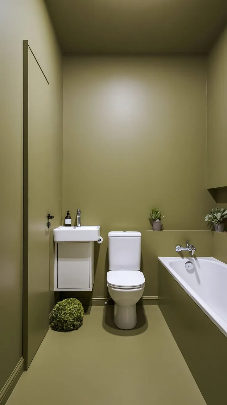 This light olive bathroom is a study in understated elegance. The muted bathroom colors—a gentle olive green—wash over the walls, floor, and ceiling, creating a soothing sanctuary. The simple white fixtures—sink, toilet, and bathtub—brighten the space, complemented by a small green plant and white cabinetry. This olive and white bathroom is a testament to the beauty of simplicity, offering inspiring small green bathroom ideas and showcasing chic green bathroom decor in a compact setting.