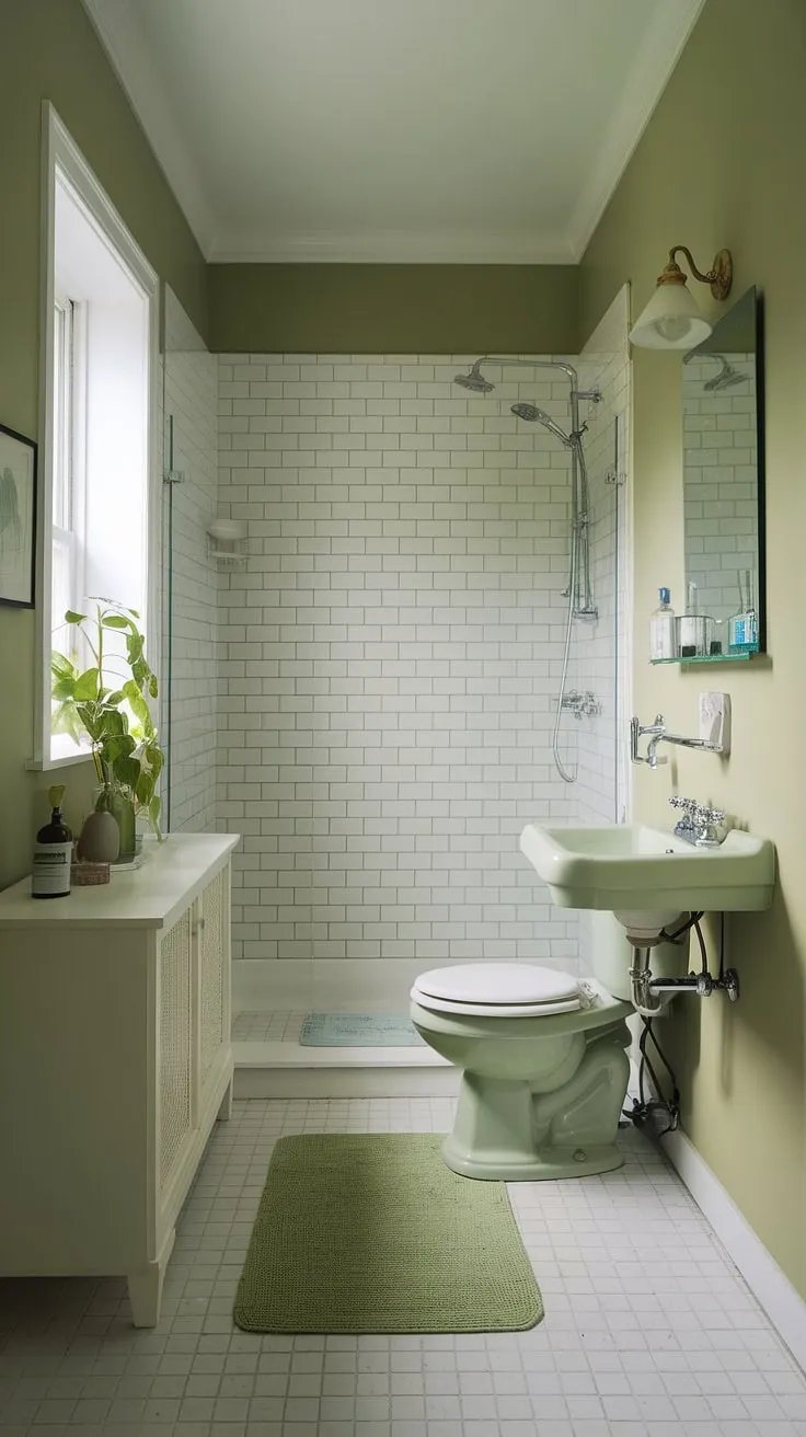 Step into tranquility with this light olive bathroom. The olive and white bathroom design is effortlessly chic, utilizing muted bathroom colors to maximize the feeling of spaciousness. Small green bathroom ideas are beautifully showcased here, with the green bathroom decor adding pops of life against the calming backdrop. The white tiled floor and white cabinetry complete this serene olive and cream bathroom.