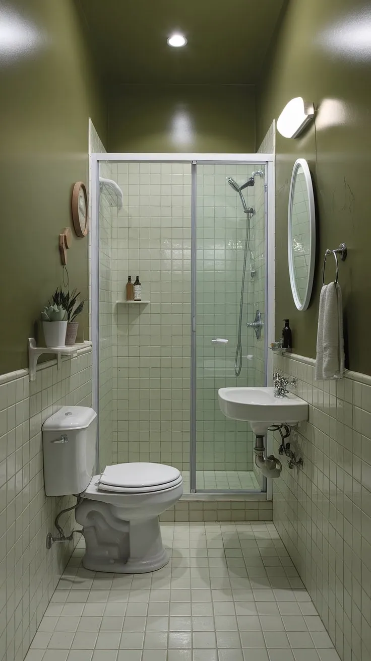 Bathed in natural light, this light green bathroom offers a refreshing take on olive and cream bathroom design. The light olive walls create a soothing backdrop for the crisp white sink, toilet, and shower. This olive and white bathroom is a testament to the beauty of muted bathroom colors, and provides inspiration for small green bathroom ideas. Simple green bathroom decor elevates the space without overwhelming its compact size.