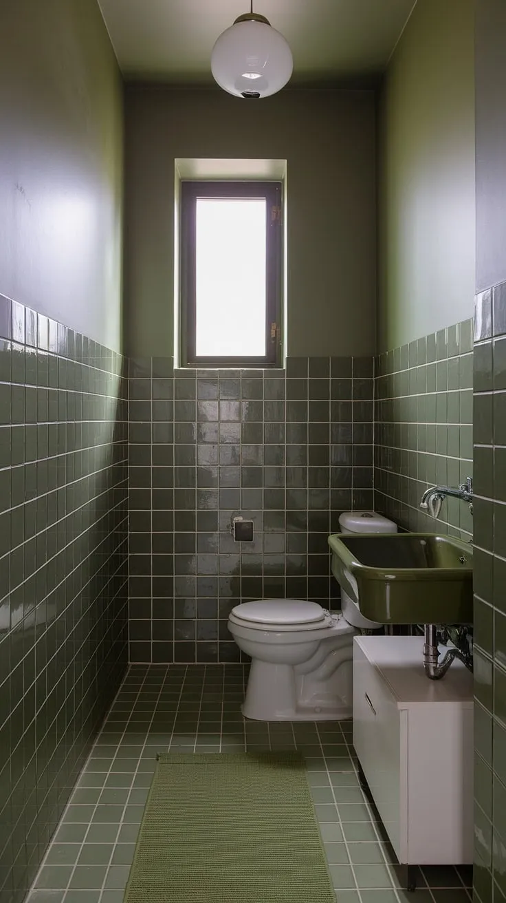 This olive and cream bathroom boasts a calming atmosphere. The light green bathroom's green bathroom decor and olive and white bathroom tiles create a small green bathroom ideas haven.