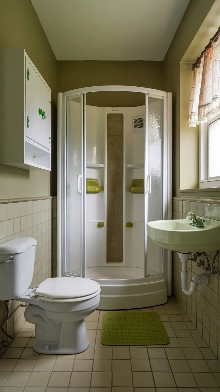 Serene and stylish: This small green bathroom, with its light olive walls and muted bathroom colors, proves that even compact spaces can be brimming with charm. Olive and white bathroom perfection.