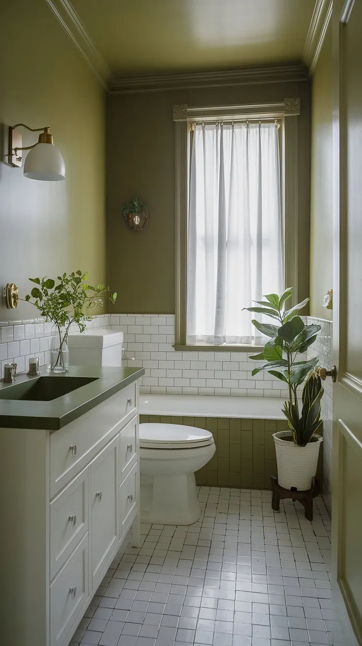 Bathed in soft light, this small green bathroom showcases a serene olive and white palette. The light olive walls, white tiled floor, and green countertop create a calming atmosphere. This olive and cream bathroom exemplifies small green bathroom ideas, proving that muted bathroom colors can be both stylish and spacious. The green plant and white lamp add charming green bathroom decor.