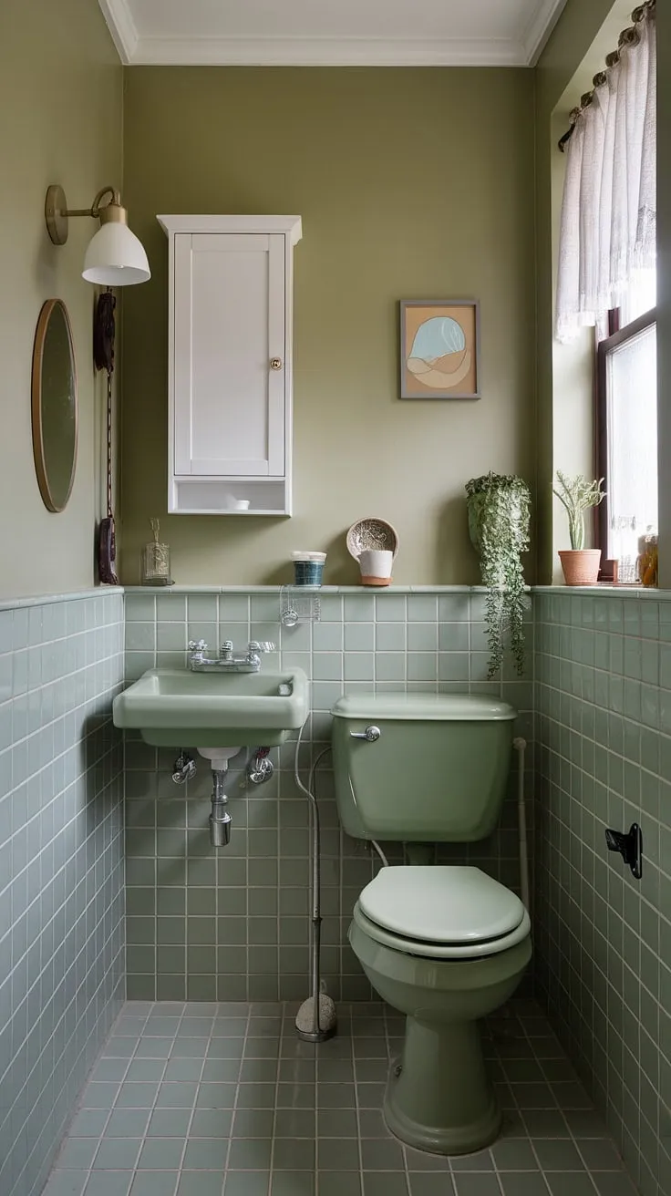 Step into serenity: This small green bathroom, with its light olive scheme and muted bathroom colors, proves that even compact spaces can be stylish. Olive and white bathroom perfection.