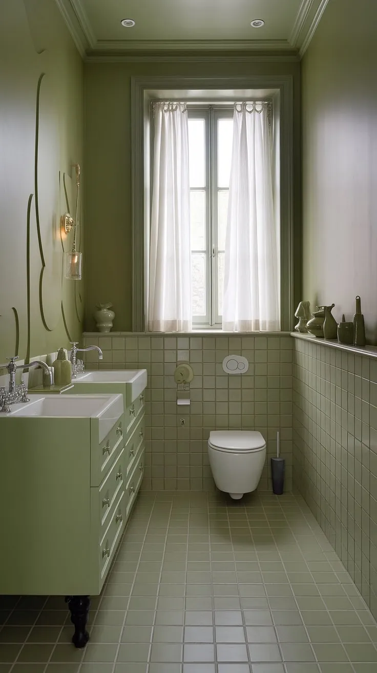 Escape to this serene small green bathroom, where muted bathroom colors and olive and white bathroom tiles create a tranquil oasis. Light olive bathroom accents and clever green bathroom decor maximize space and style.