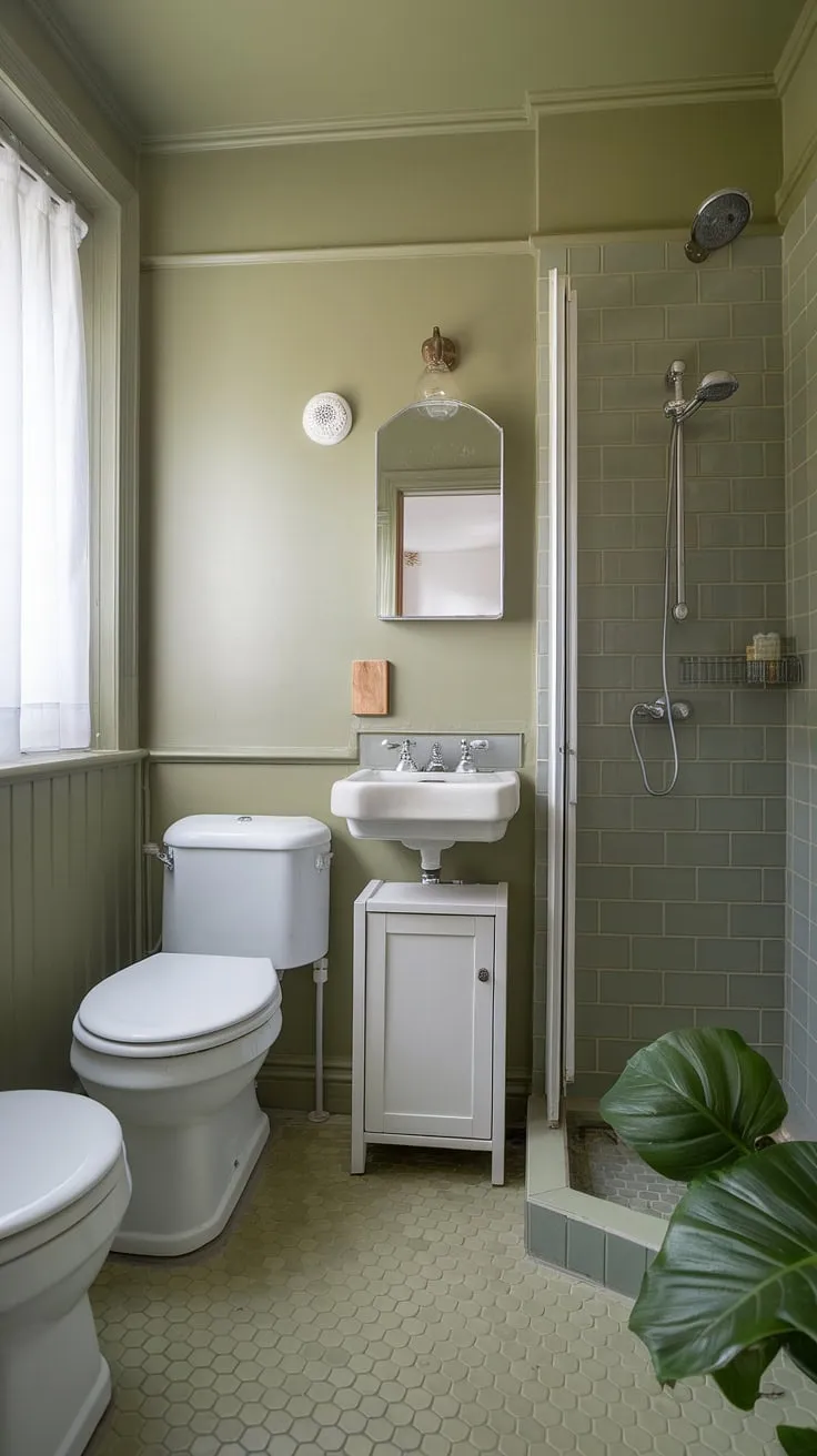 Step into tranquility in this light green bathroom. The light olive bathroom walls are beautifully balanced by crisp white accents, creating an olive and white bathroom that's both stylish and soothing. The green bathroom decor, including the plant and hexagonal tiles, adds personality without overwhelming the muted bathroom colors. This small green bathroom offers inspiration for anyone seeking small green bathroom ideas in a calming, light-filled space.