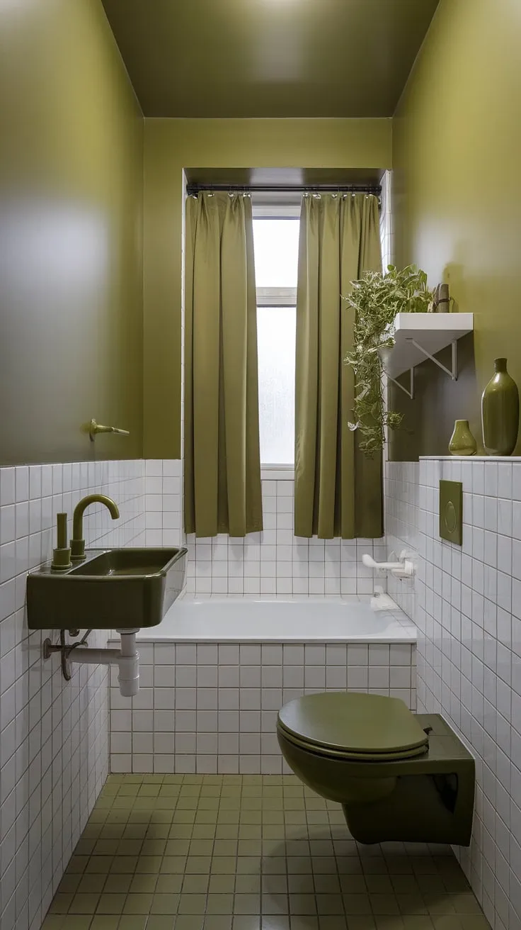 Bathed in sunlight, this small green bathroom showcases the charm of muted bathroom colors. The light olive bathroom walls, complemented by white tiles and fixtures, create a serene and calming space. Olive and white bathroom accents, like the green faucet and vase, add pops of color, while the olive green curtains frame a bright window. This is a perfect example of small green bathroom ideas, demonstrating how olive and cream bathroom palettes can transform a compact space. The green bathroom decor is simple yet sophisticated, achieving a light green bathroom feel that's both stylish and functional.