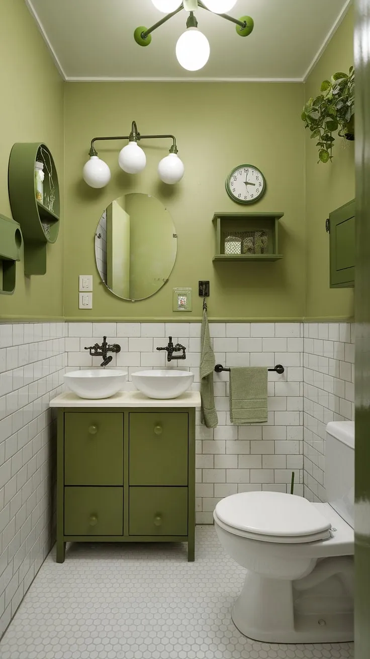A serene olive and white bathroom, perfect for those seeking a calming retreat. The light olive bathroom walls create a soothing backdrop for the white vanity and hexagonal floor tiles. This small green bathroom design cleverly incorporates green bathroom decor, from a potted plant to a stylish wall clock, all while maintaining a sense of airy spaciousness. Muted bathroom colors and thoughtful placement of storage solutions make this olive and cream bathroom a testament to efficient and stylish design.