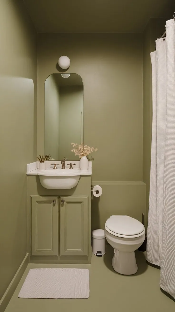Small green bathroom ideas don't get much better than this olive and white bathroom. The light green bathroom's green bathroom decor is effortlessly chic.