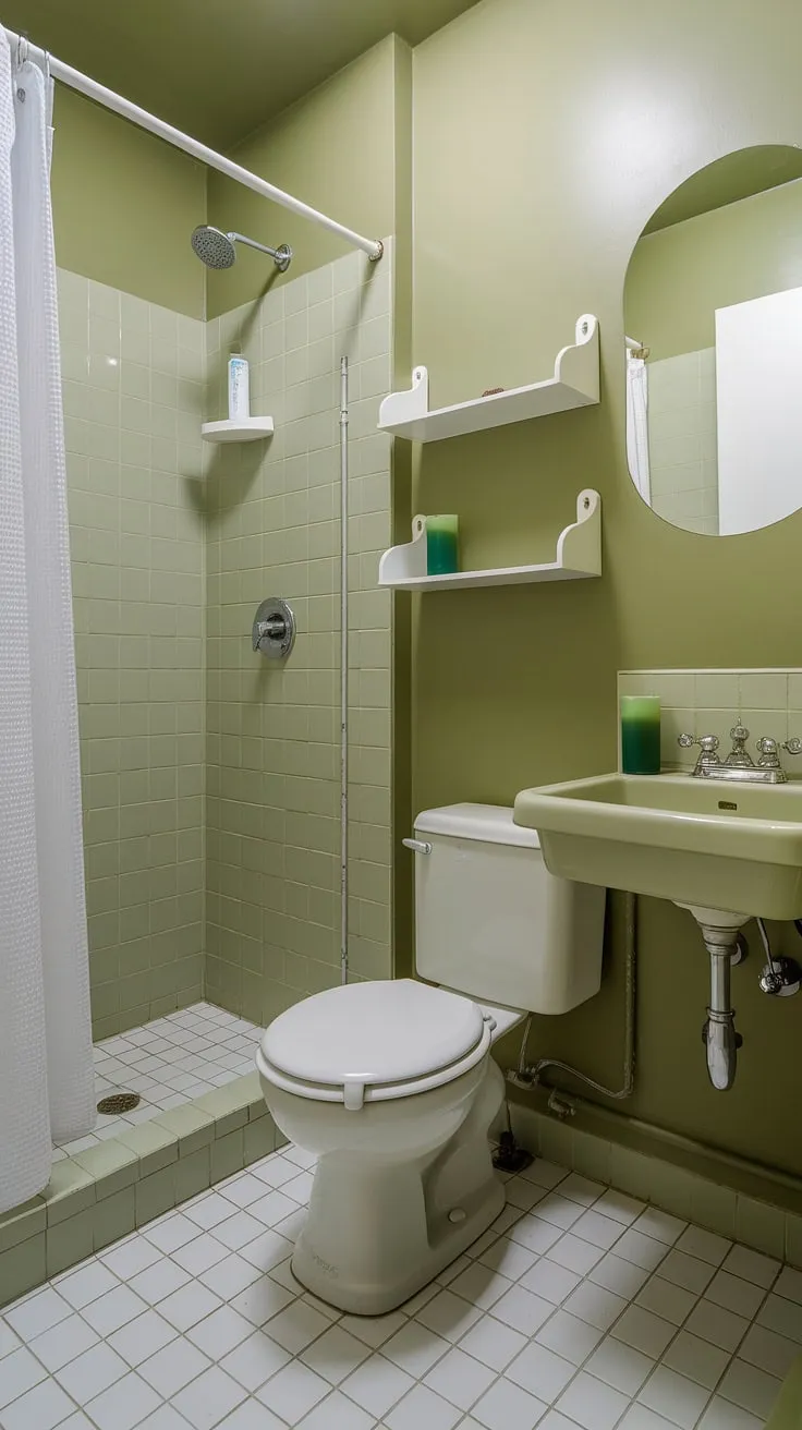 This light olive bathroom proves that a small space can be luxurious. Olive and cream bathroom elements combine with white to achieve a sophisticated and tranquil olive and white bathroom. Explore more light green bathroom and green bathroom decor inspiration.
