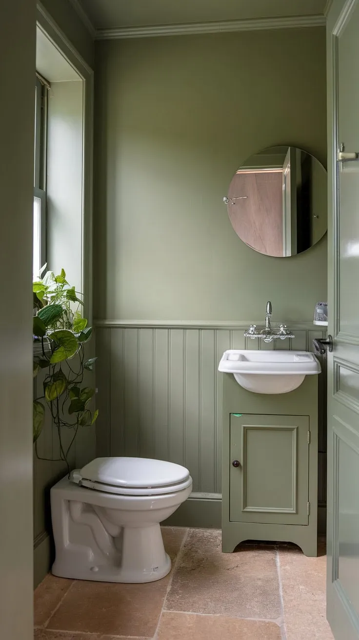 Serenity found in this small green bathroom. Light olive walls and muted bathroom colors create a calming olive and white bathroom, perfect for small green bathroom ideas. The olive and cream bathroom palette is effortlessly chic.