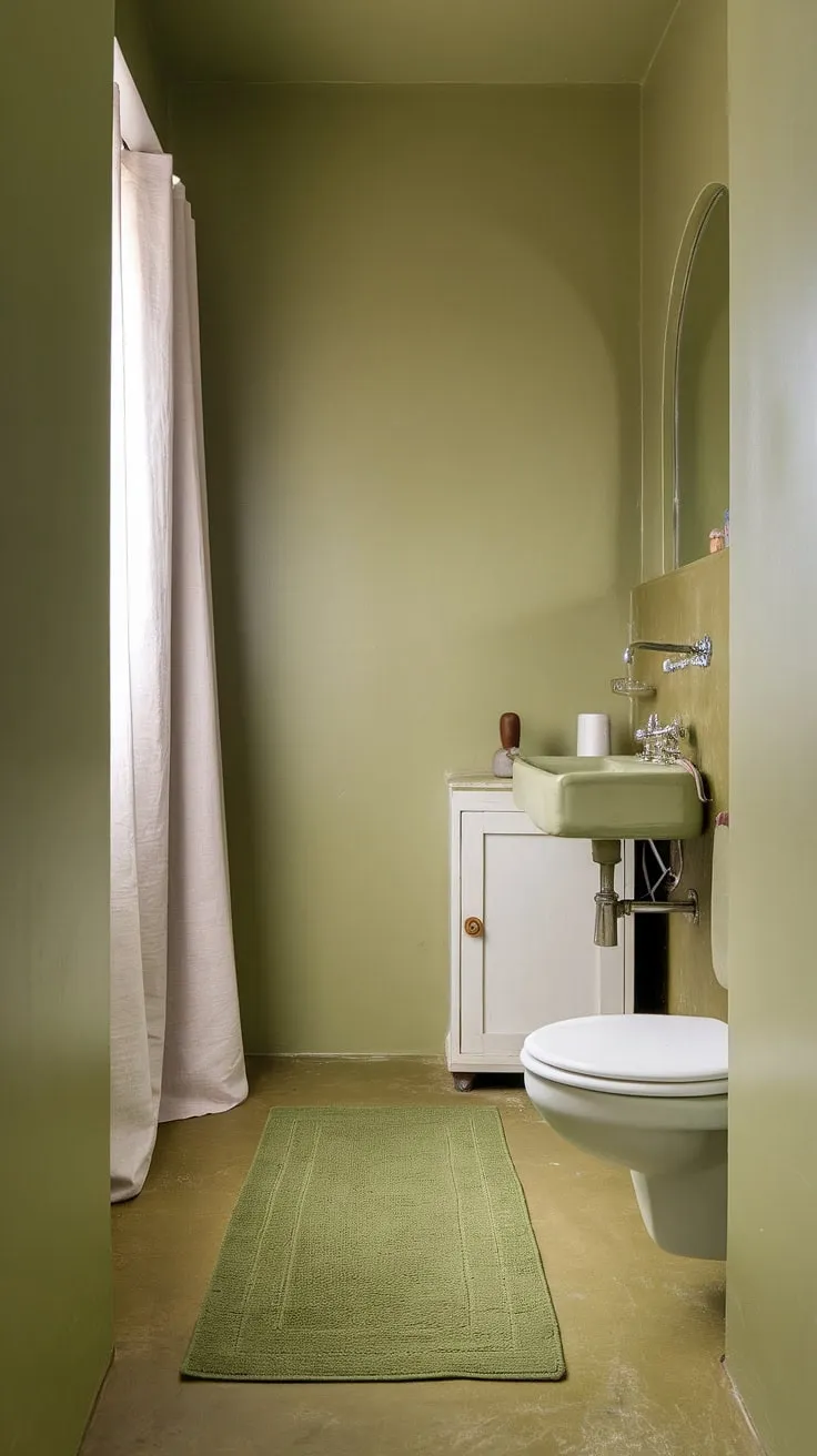 Serenity found in this light olive bathroom. Muted bathroom colors create a calming oasis, showcasing small green bathroom ideas with olive and cream bathroom accents. Green bathroom decor at its finest.