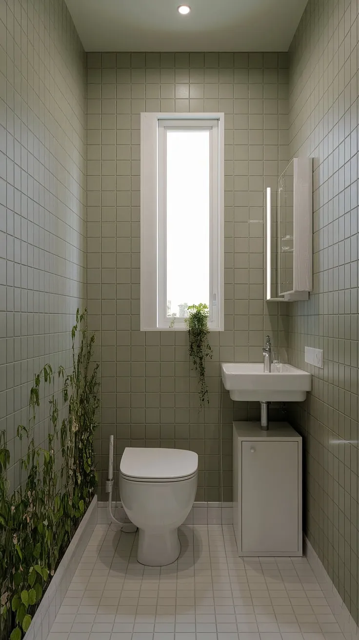 This light green bathroom showcases the beauty of simplicity. Light olive walls and white tiles create a bright and airy space in this olive and white bathroom. A small window and a potted plant add a touch of nature to the muted bathroom colors, making it a perfect example of small green bathroom ideas and stylish green bathroom decor. The overall effect is a tranquil olive and cream bathroom.